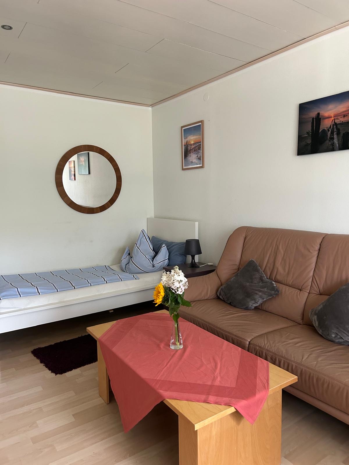 Wohnbereich mit Ledersofa und Spiegel – Ferienwohnung Regina Donauwörth