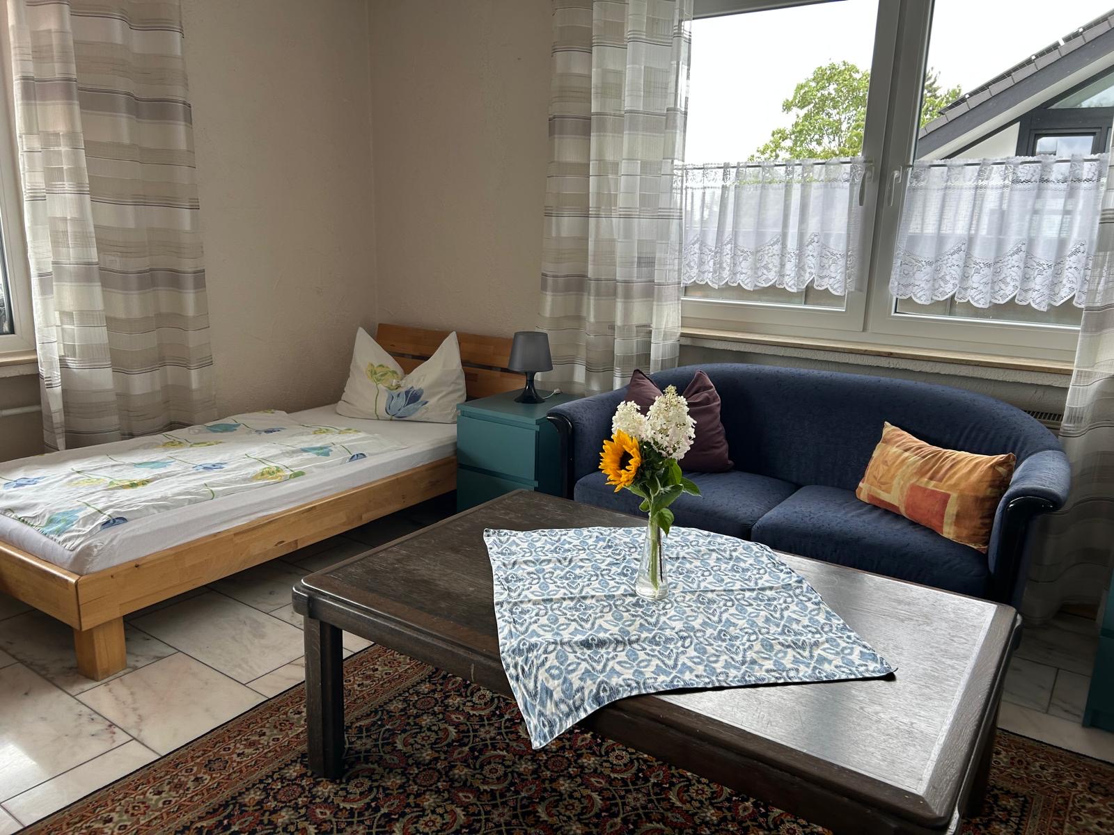Zimmer mit Einzelbett und blauem Sofa – Monteurzimmer Donauwörth